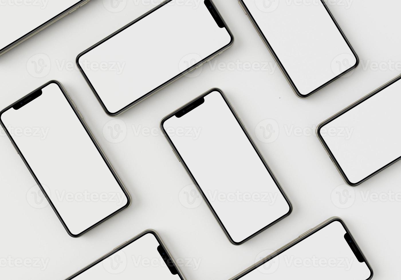 3D-Darstellungshand, die das weiße Smartphone mit Vollbild und modernem rahmenlosem Design hält - isoliert auf weißem Hintergrund foto