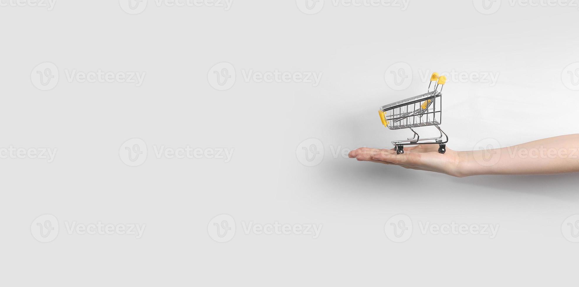 Hand, die Einkaufswagen auf hellem Hintergrund hält. konzept des einkaufswagens, online-shopping, einkaufen. Banner foto