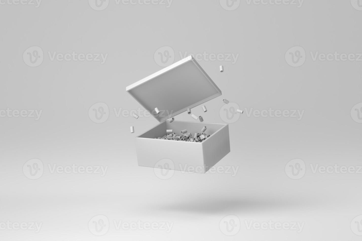 Offene Kartonschachtel mit Schaumfüller für sichere Verpackung und Versand auf weißem Hintergrund. minimales Konzept. einfarbig. 3D-Rendering. foto