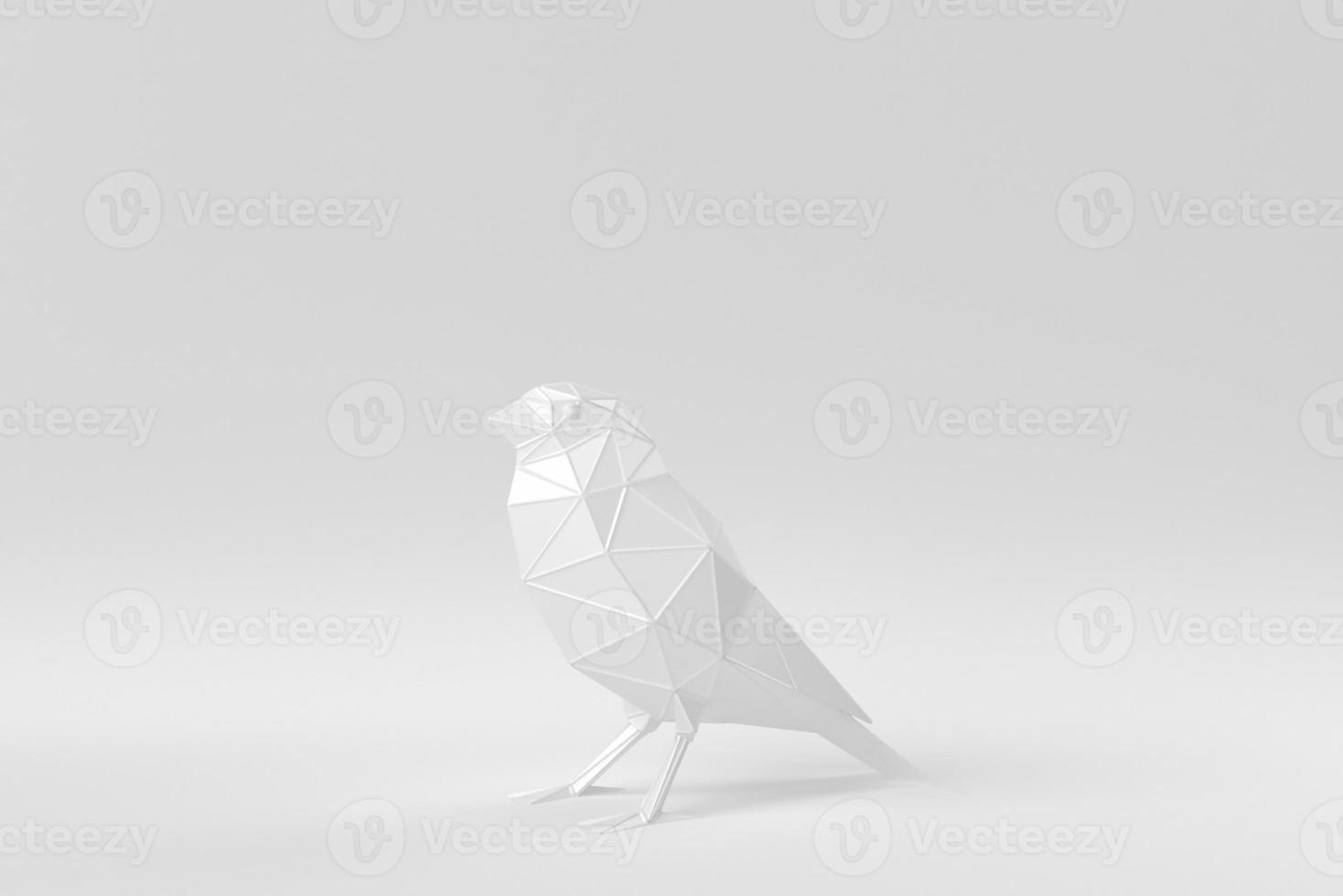 Spatzenvogel, der auf einem weißen Hintergrund sitzt. Polygon minimales Konzept. einfarbig. 3D-Rendering. foto