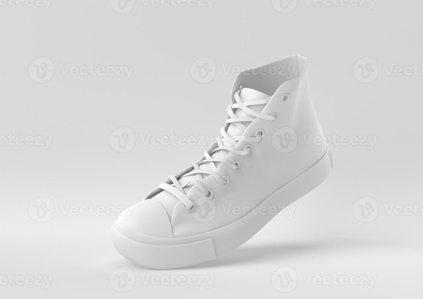 weißer Schuh, der in weißen Hintergrund schwimmt. minimale konzeptidee kreativ. 3D-Rendering. foto