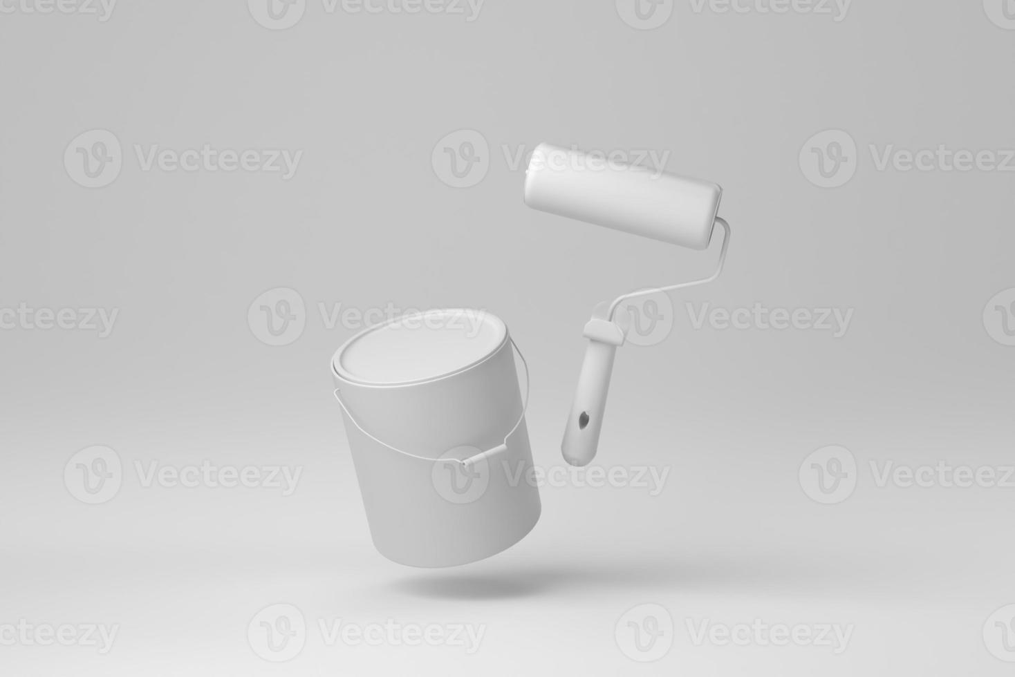 weißer Plastikeimer mit Farbroller auf weißem Hintergrund. minimales Konzept. einfarbig. 3D-Rendering. foto