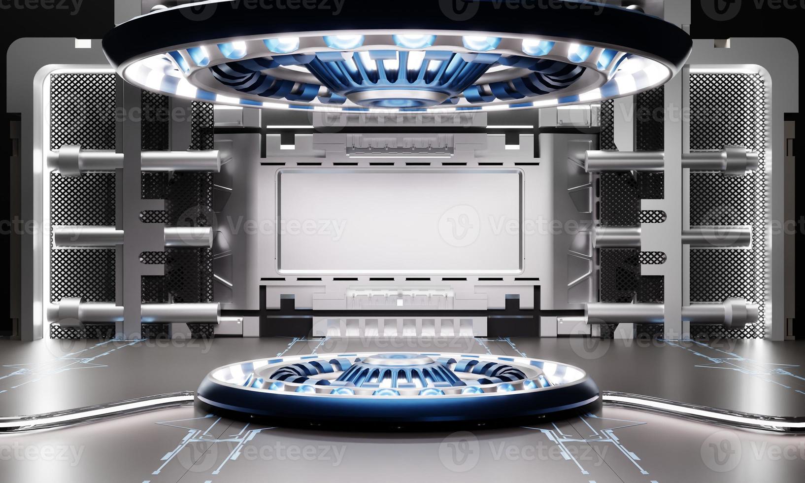 Science-Fiction-Produkt-Podiumsschaufenster im Raumschiff mit weißem und blauem Hintergrund. Weltraumtechnologie und Objektkonzept. 3D-Darstellungswiedergabe foto