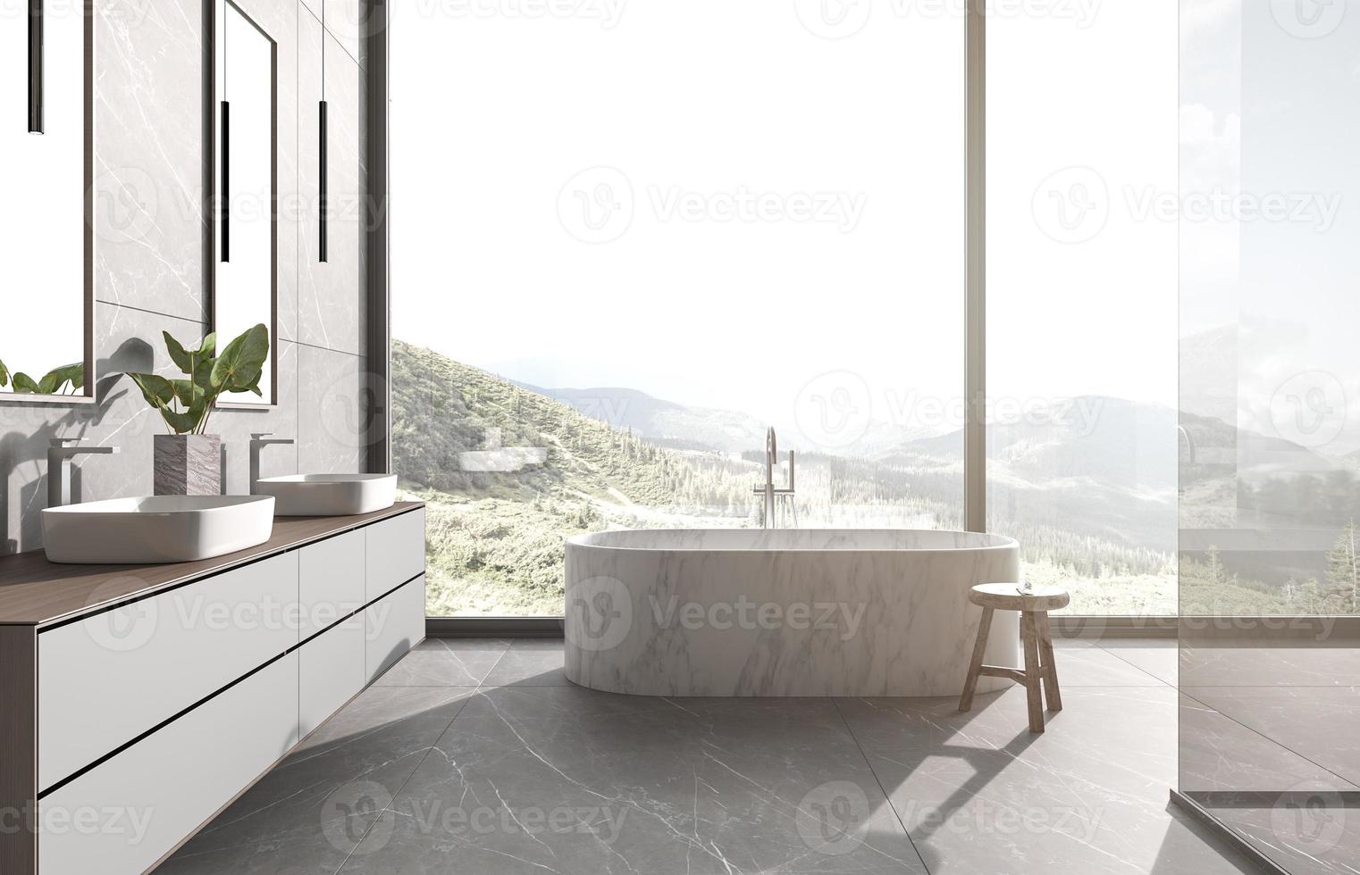 modernes badezimmer-innendesign mit naturansichtshintergrund. Waschbecken, Badewanne und Dusche. Steinfliesen an Wand und Boden. 3D-Darstellung. foto