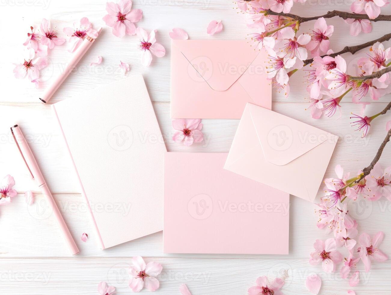 Sakura inspiriert Schreibwaren eben legen Design mit Kirsche Blüten und Umschläge foto