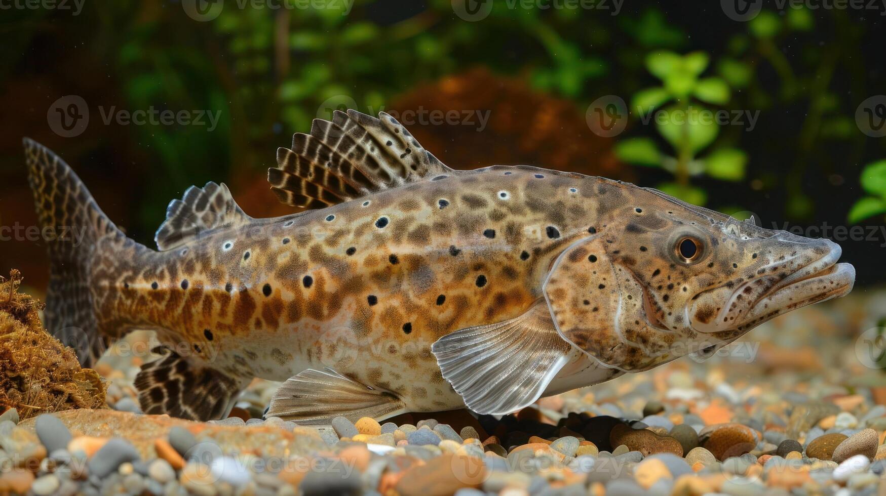 entdeckt Fisch Schwimmen anmutig unter Kieselsteine im ein beschwingt Wasser- Umgebung foto