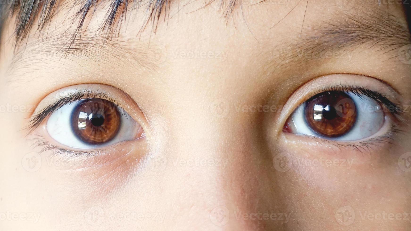 schöne braune Augen eines kleinen Jungen hautnah. Weit geöffnete braune Augen, die zur Kamera schauen foto