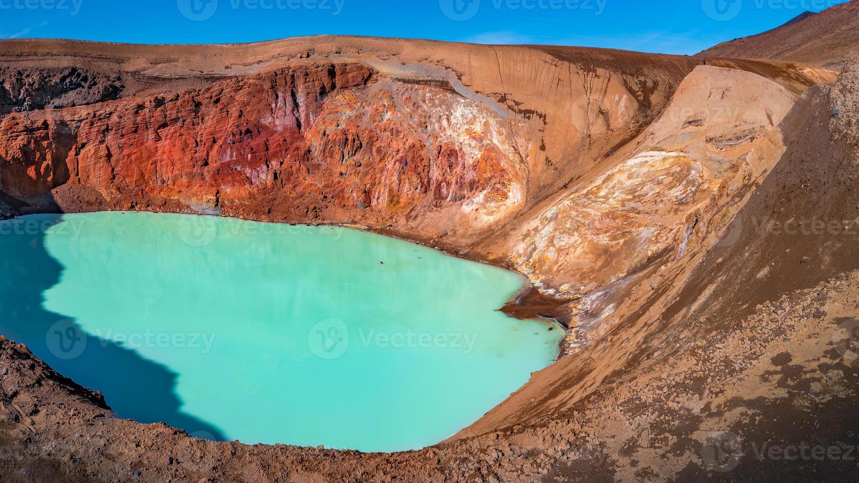 Panoramablick über die isländische Landschaft der farbenfrohen vulkanischen Caldera Askja, Viti-Kratersee inmitten der Vulkanwüste im Hochland, mit roter, türkisfarbener Vulkanerde und Wanderweg, Island foto