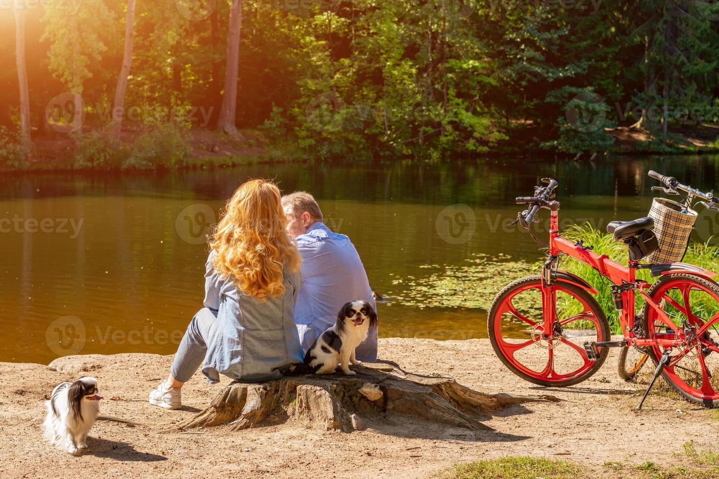 Älteres Paar am See mit Hund und Fahrrad in der Sonne sitzen foto