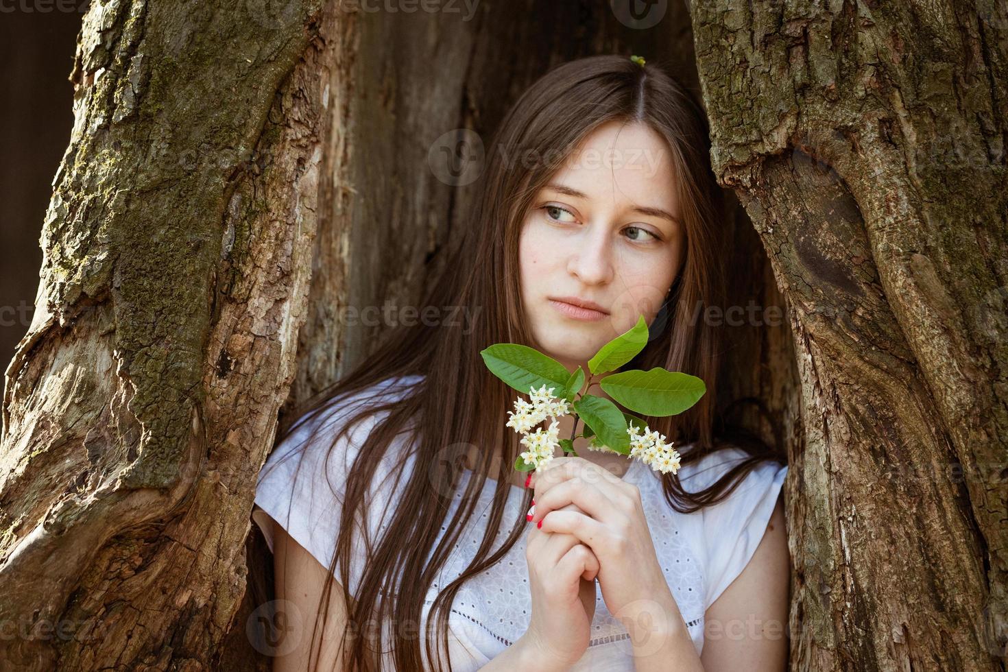 junge Frau auf einem Baumhintergrund foto