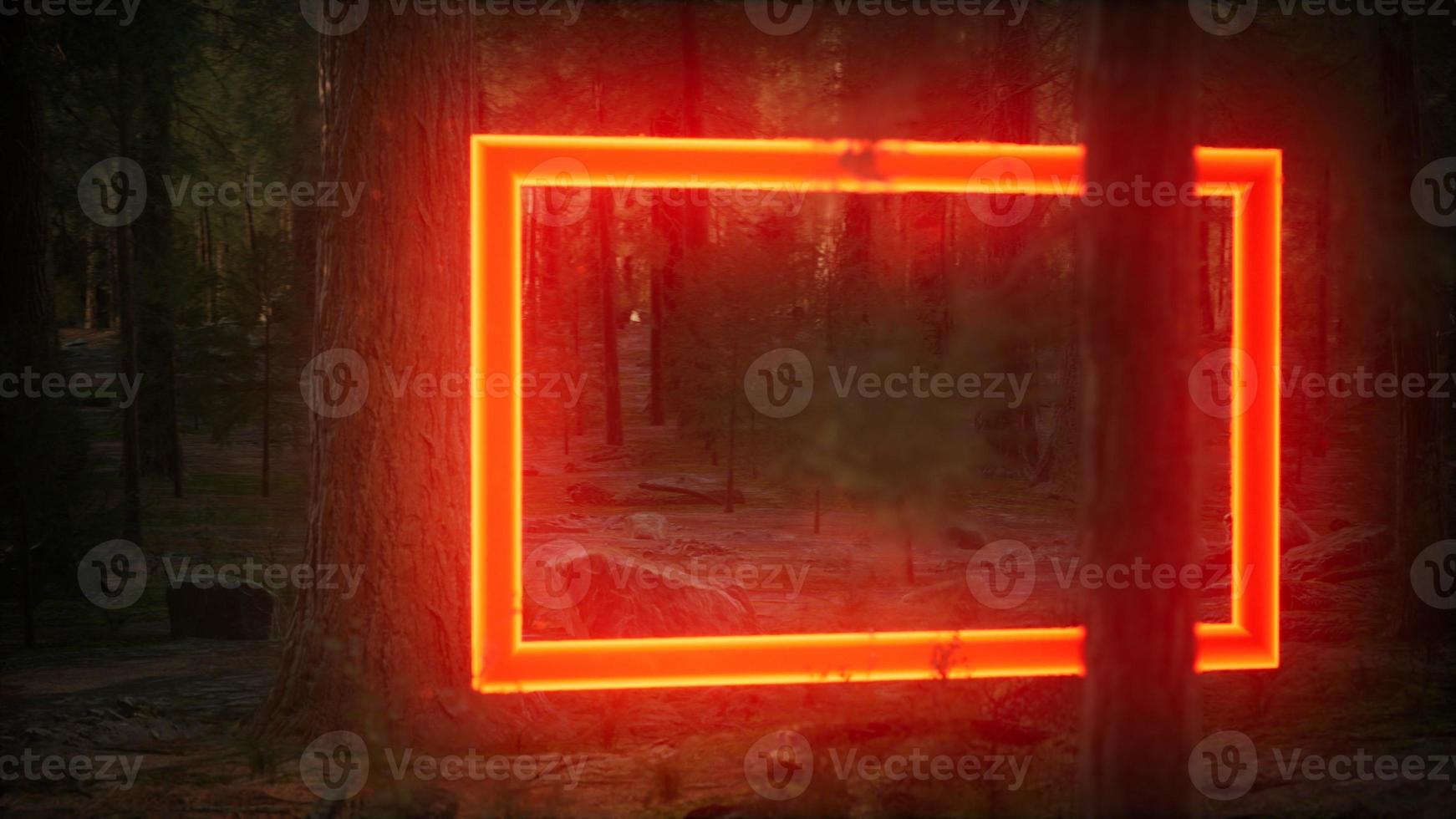 Neon leuchtender rechteckiger Rahmen im Nachtwald foto
