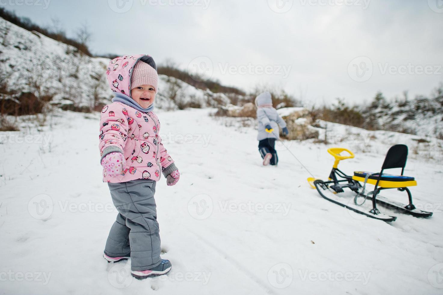 Zwei kleine Mädchen genießen eine Schlittenfahrt. Kinderschlitten