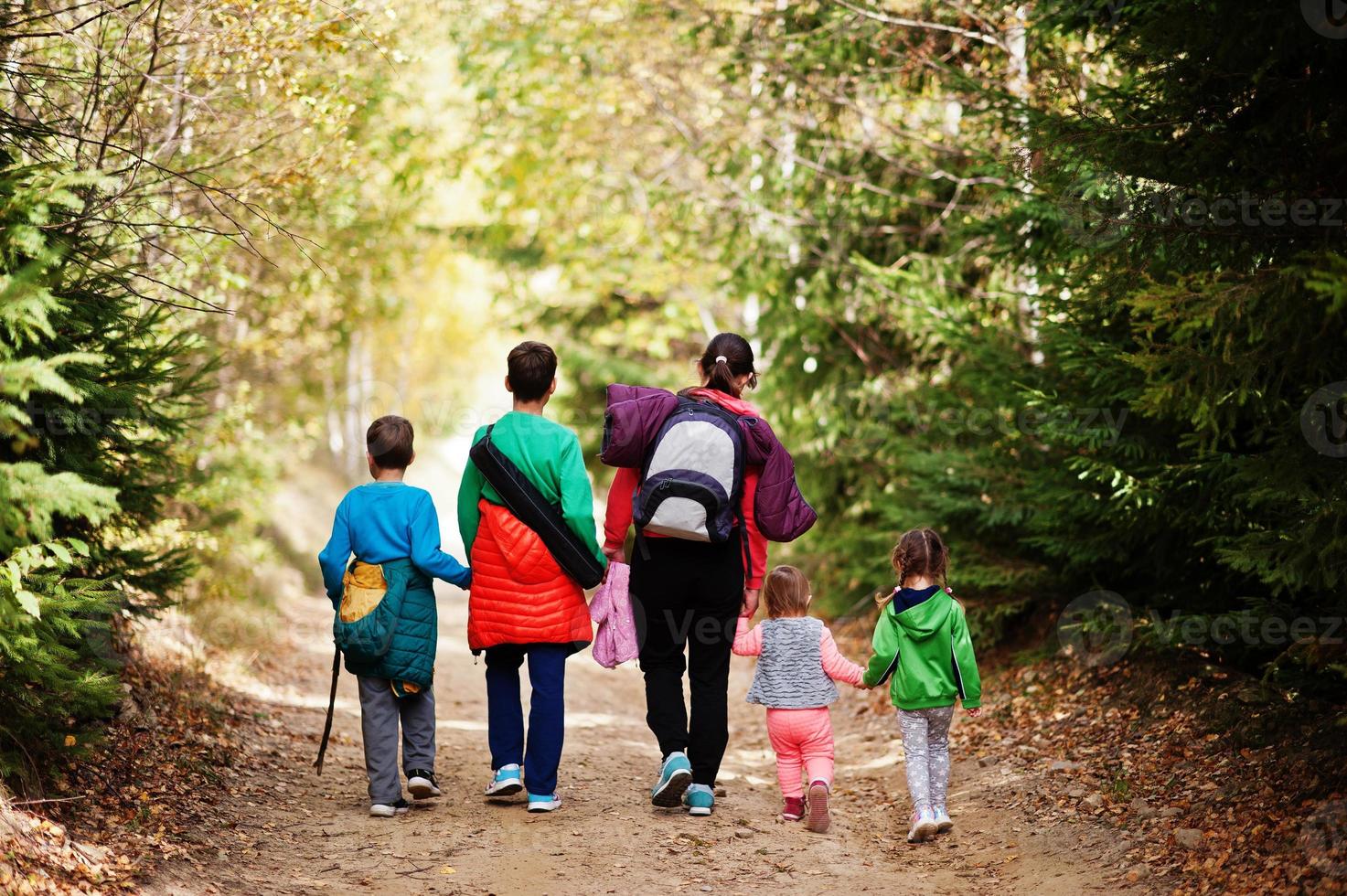 Rücken der Mutter mit vier Kindern, die auf Holzbergen spazieren gehen. Familienreisen und Wandern mit Kindern. Rucksack tragen. foto