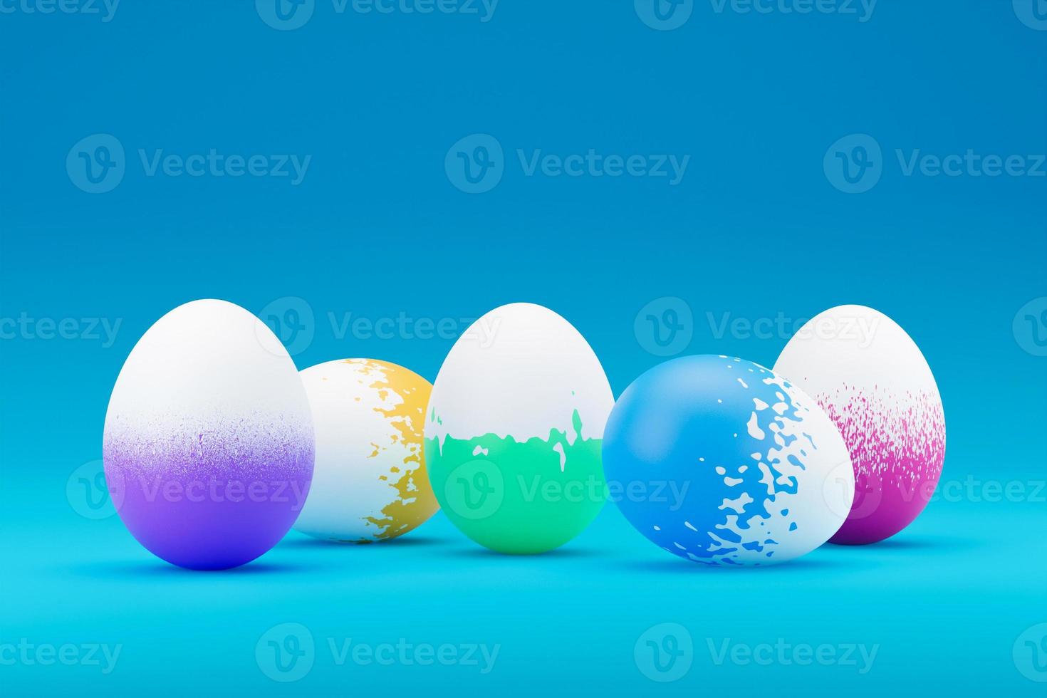 Reihe von bunten Ostereiern auf blauem Hintergrund. frohe ostern 3d rendern illustrationsbanner. minimales Design im Urlaubsstil. 3D-Rendering. natürliche kreative komposition rendern illustration foto