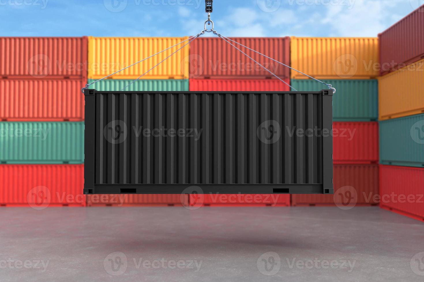 frachtcontainer, der an einem kranhaken hängt, lieferservicekonzept, frachttransportlogistik foto