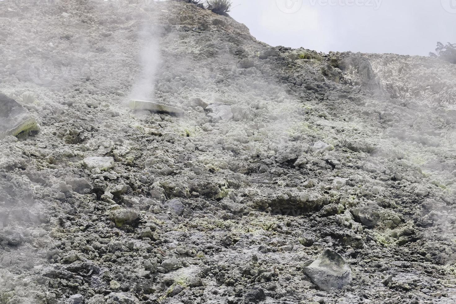 Vulkanland mit weißem Gas und totem Baum im Sikidang-Krater, Wonosobo, Indonesien foto