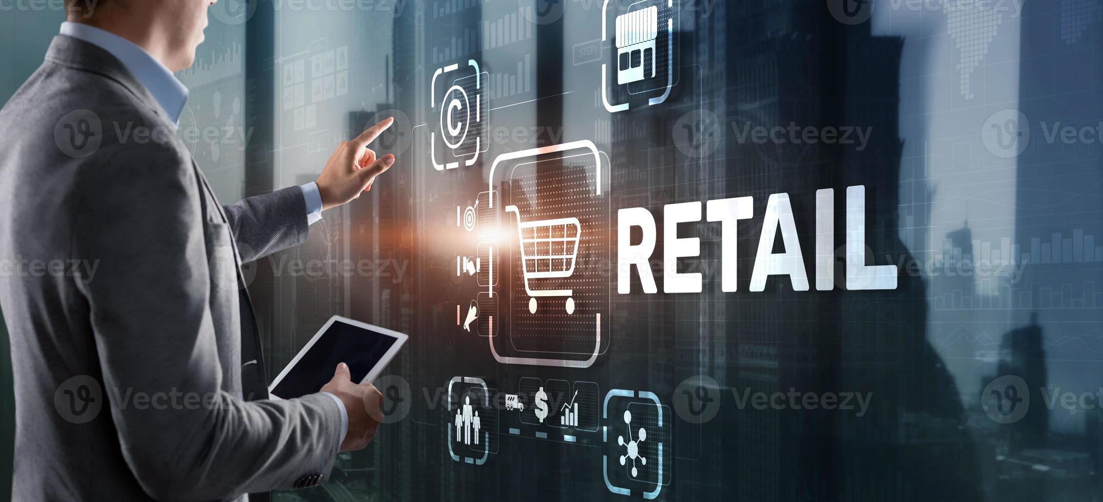 Einzelhandelskonzept-Marketingkanäle E-Commerce-Einkaufsautomatisierung auf virtuellem Bildschirm foto