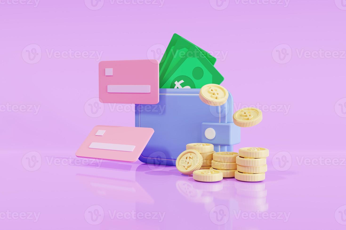 3D-Icon-Konzept zum Sparen von Geld. brieftasche hellblau, münzenstapel und kreditkarte auf violettem hintergrund, 3d-illustration foto