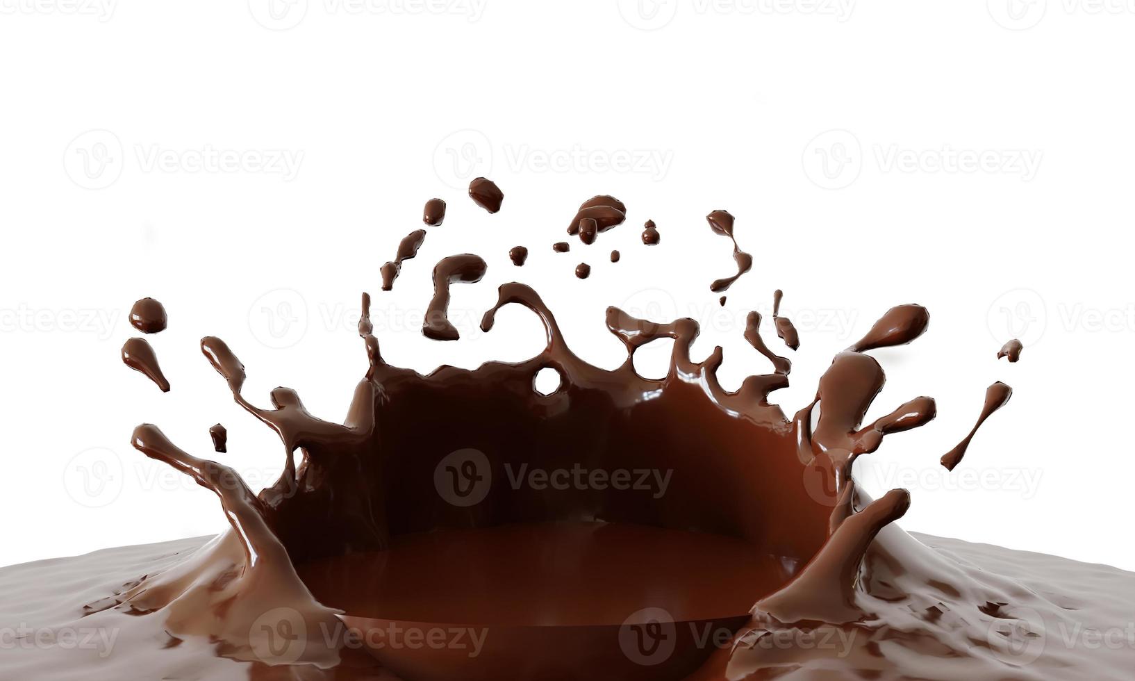 Schokolade spritzt auf dem Podium auf weißem Hintergrund, 3D-Rendering foto