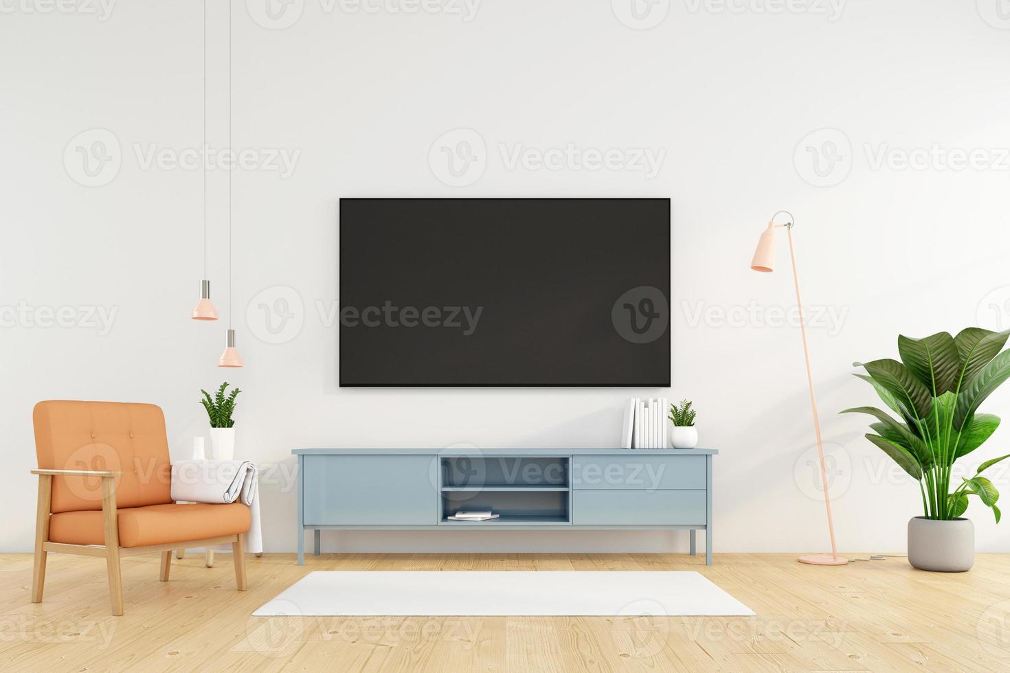 minimalistisches wohnzimmer mit tv-schrank an der weißen wand und orangefarbenem sessel. 3D-Rendering foto