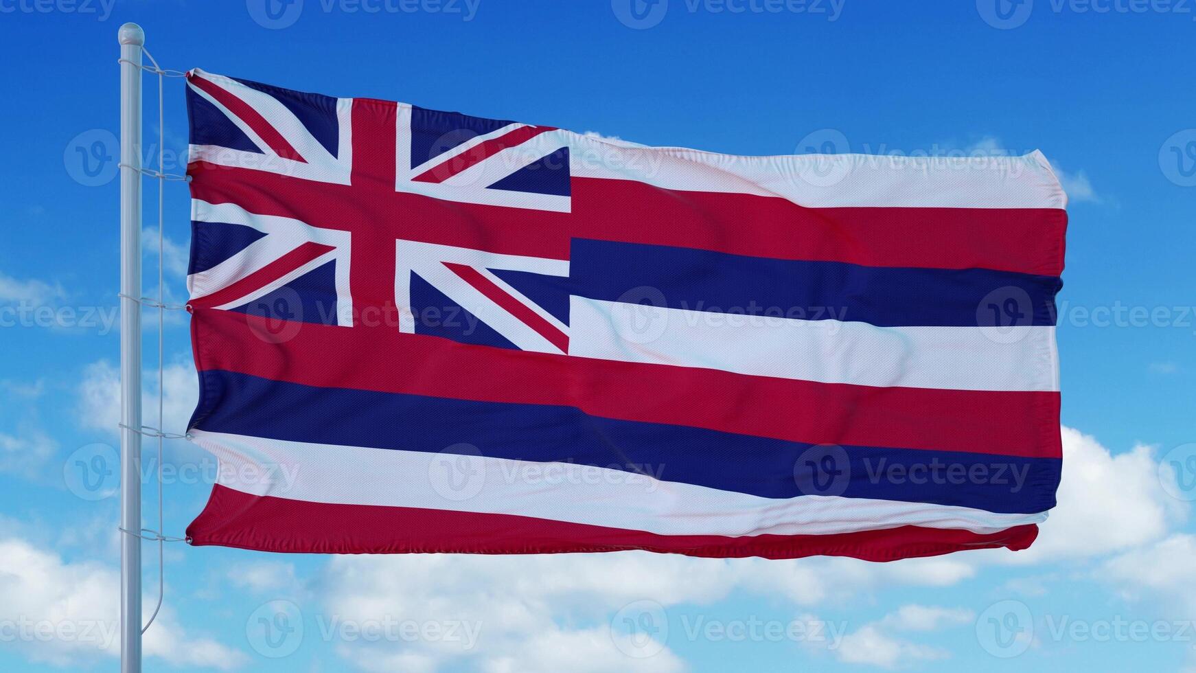 Hawaii-Flagge auf einem Fahnenmast weht im Wind, blauer Himmelshintergrund. 3D-Rendering foto