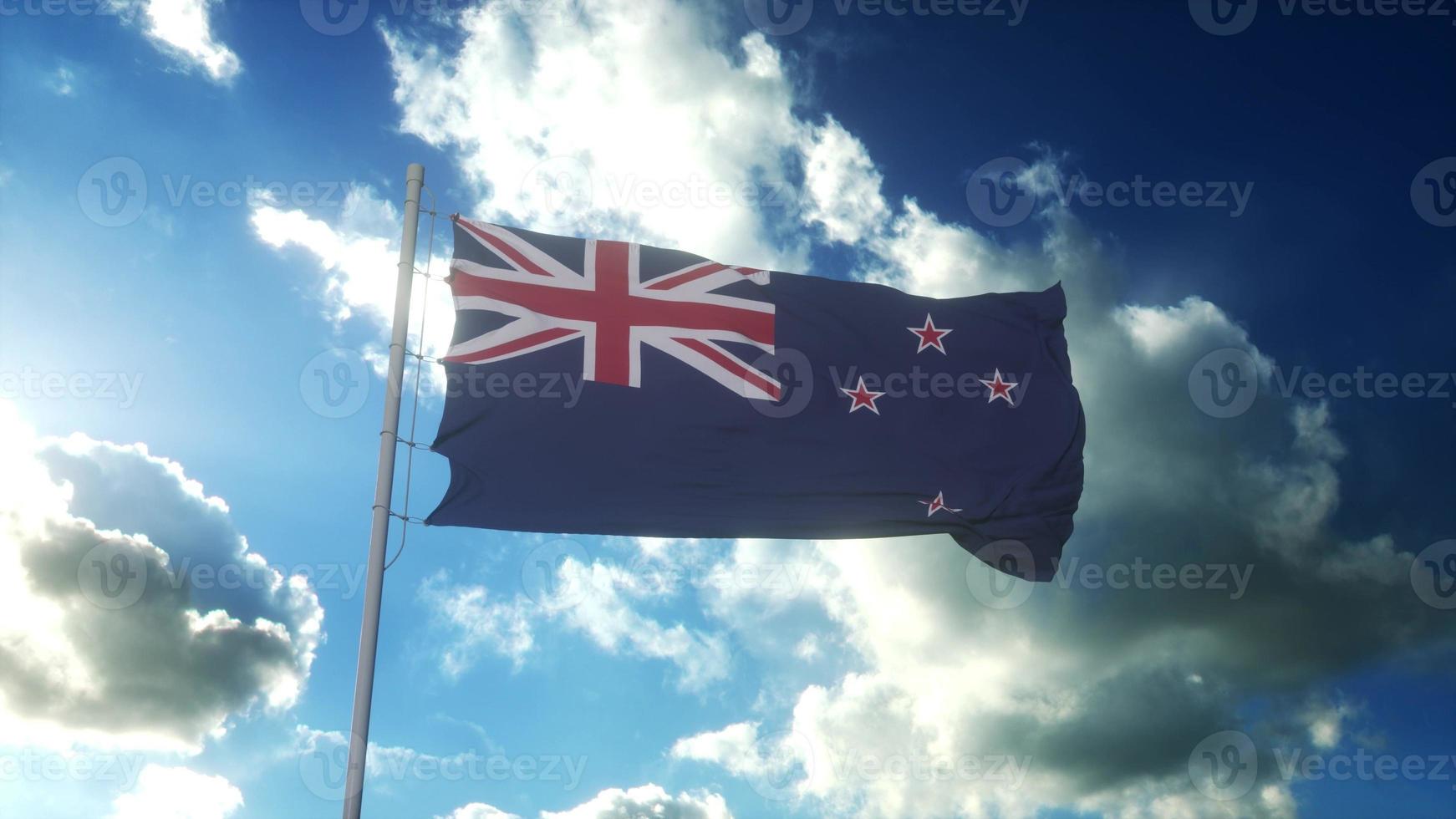 flagge von neuseeland weht im wind gegen den schönen blauen himmel. 3D-Rendering foto