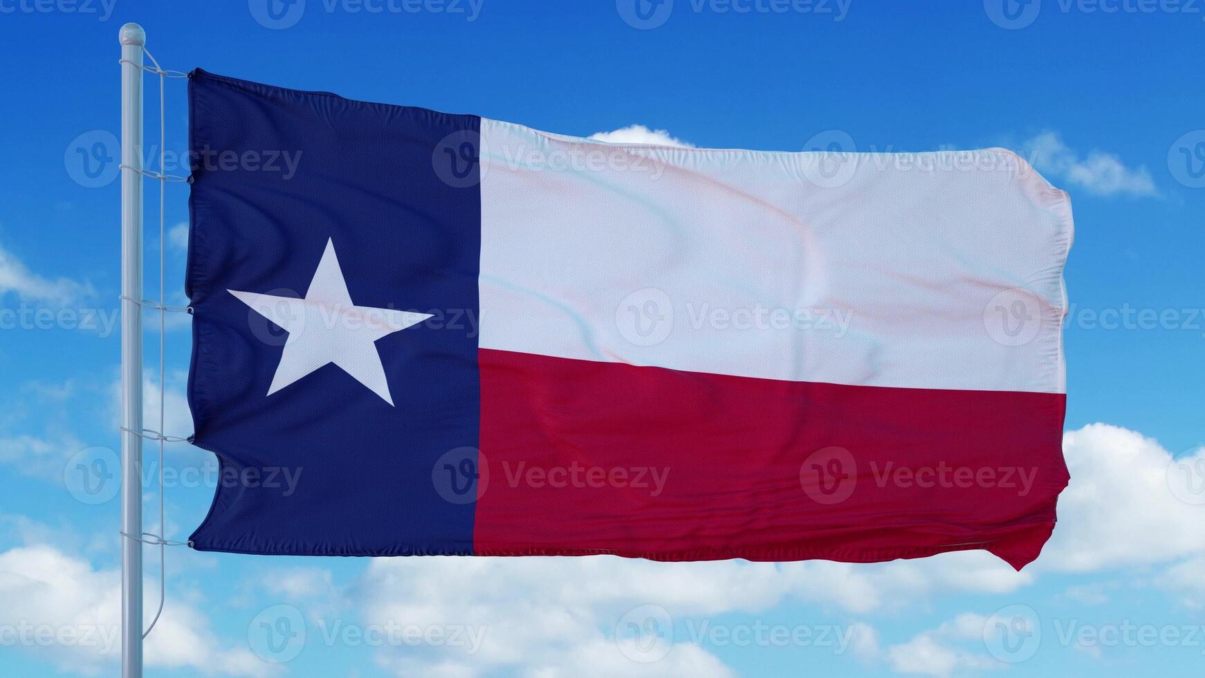 Texas-Flagge auf einem Fahnenmast weht im Wind, blauer Himmelshintergrund. 3D-Rendering foto