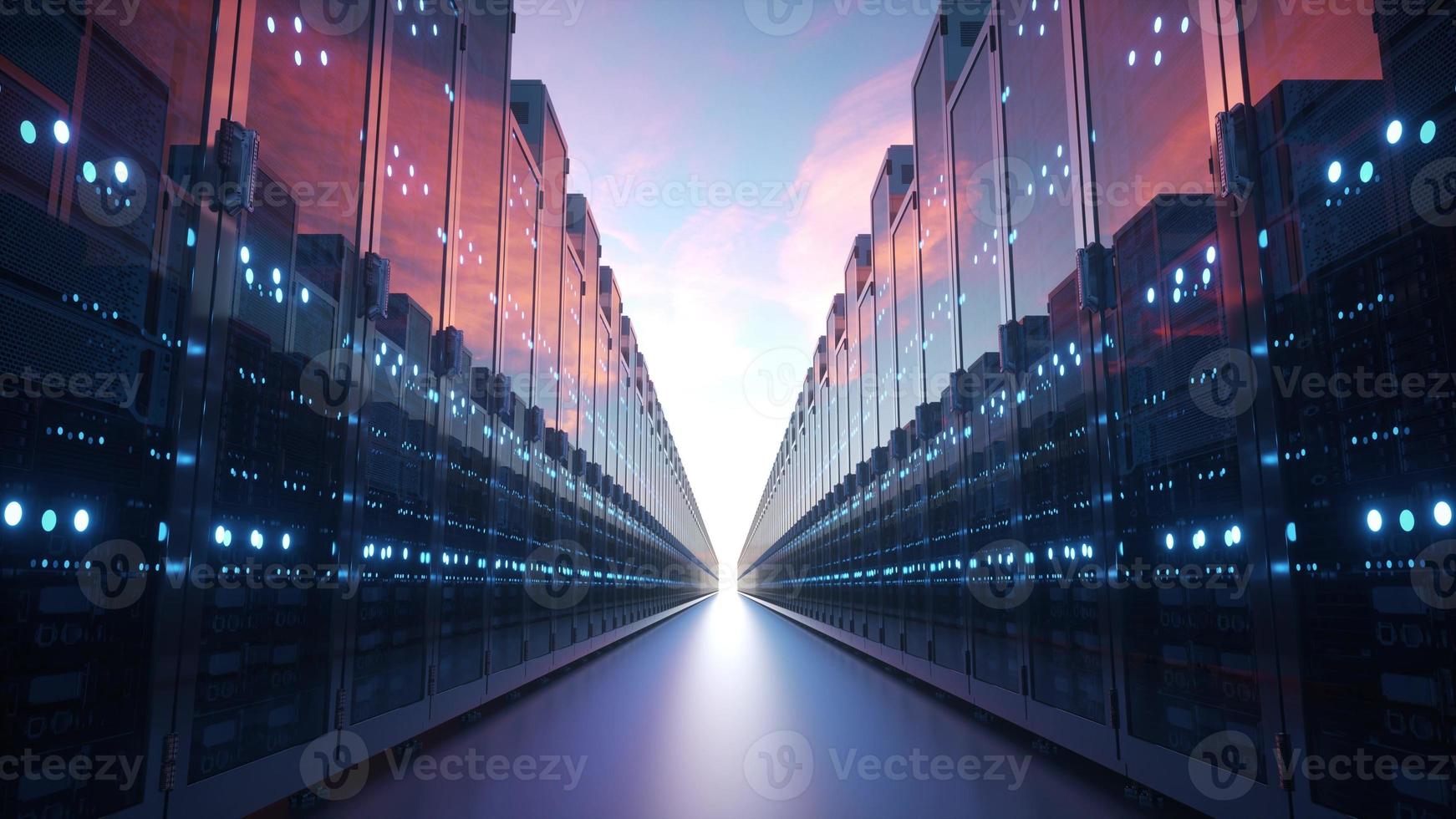 cloud computing und computernetzwerkkonzept. Reihen von Netzwerkservern gegen blauen Himmel mit Wolken. 3D-Rendering foto