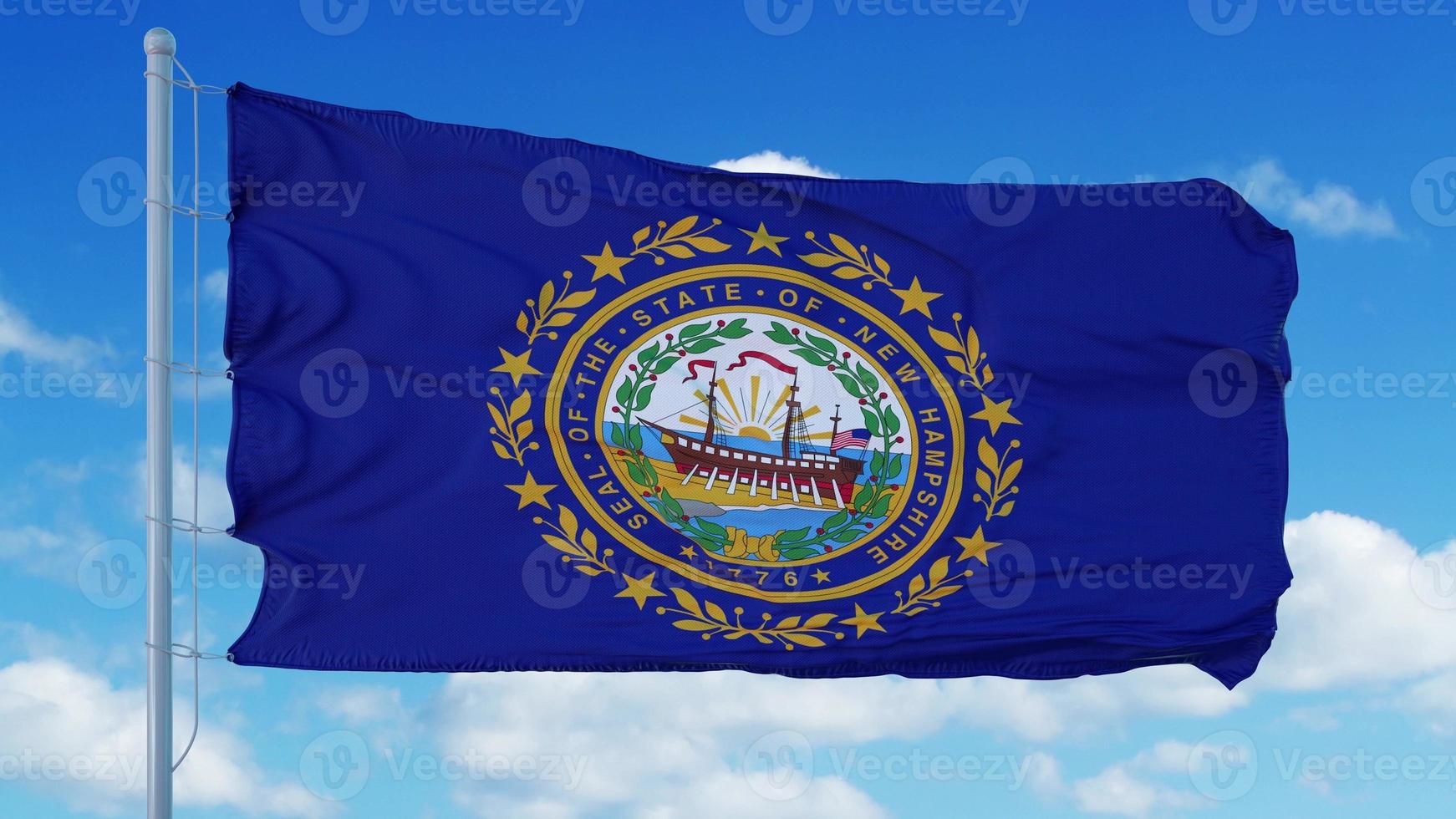 New Hampshire Flagge auf einem Fahnenmast weht im Wind, blauer Himmelshintergrund. 3D-Rendering foto