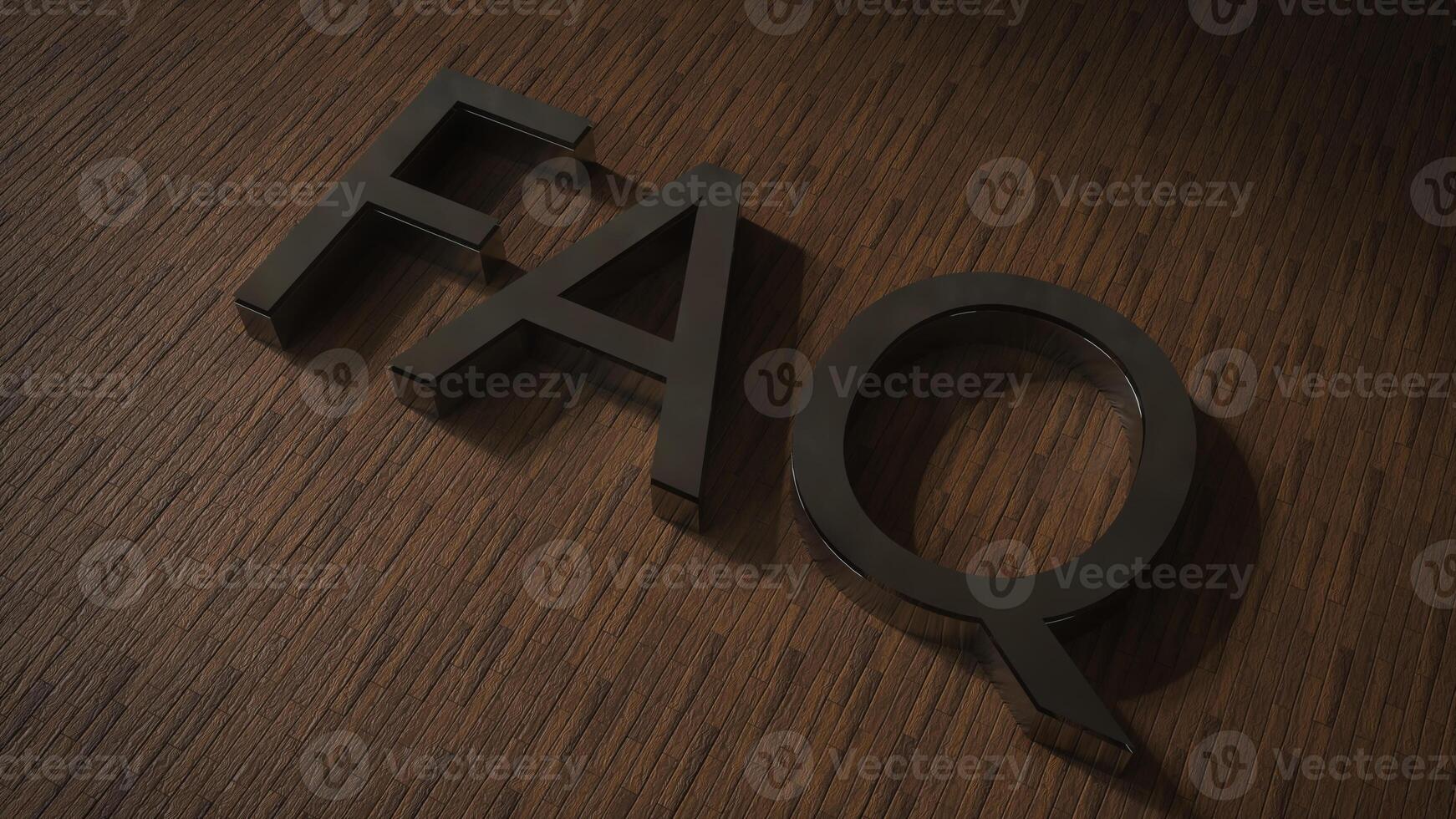 FAQ. häufig gestellte fragen text von holzbuchstaben auf holzstruktur. 3D-Rendering foto