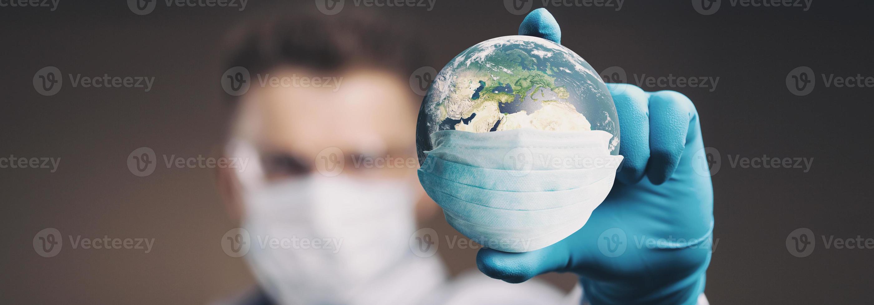 Der Planet Erde trägt eine Schutzmaske. 3D-Darstellung foto