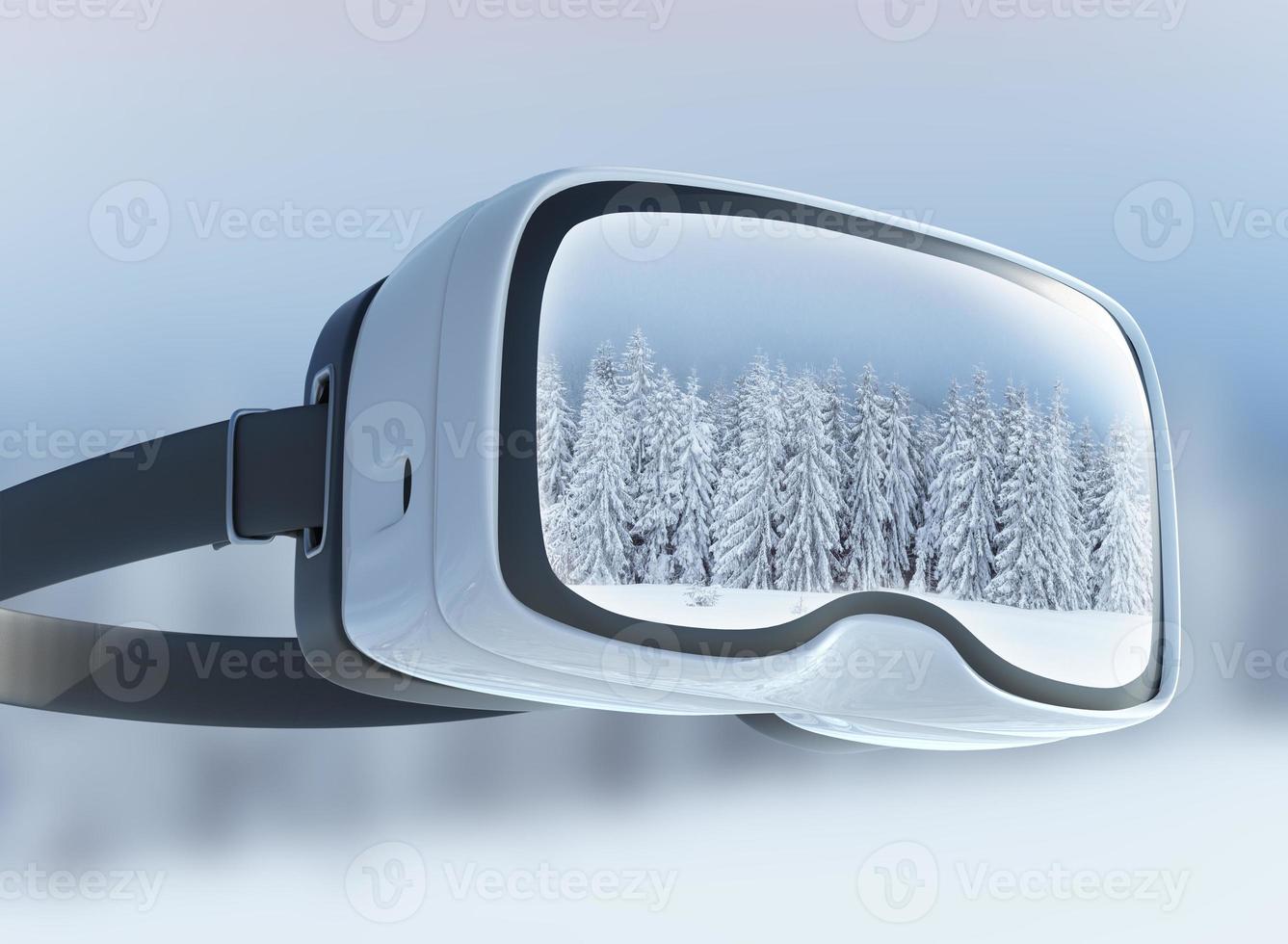 Virtual-Reality-Headset, Doppelbelichtung. mysteriöse winterlandschaft majestätische berge im . foto