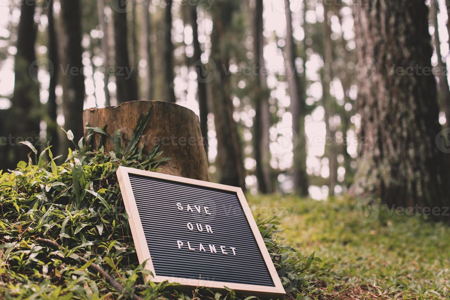 gefällter Baum und Zitat auf dem Briefbrett sagt, rette unseren Planeten, der auf dem grünen Gras des Waldes liegt foto