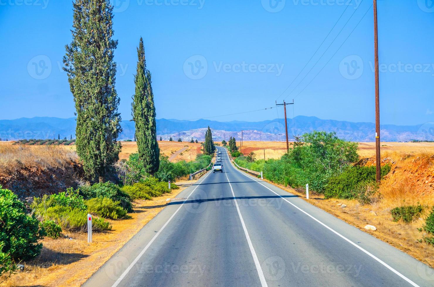 landschaft von zypern mit autos fahrzeugen, die asphaltstraße im tal mit gelben trockenen feldern, zypressen und straßenpfählen fahren foto