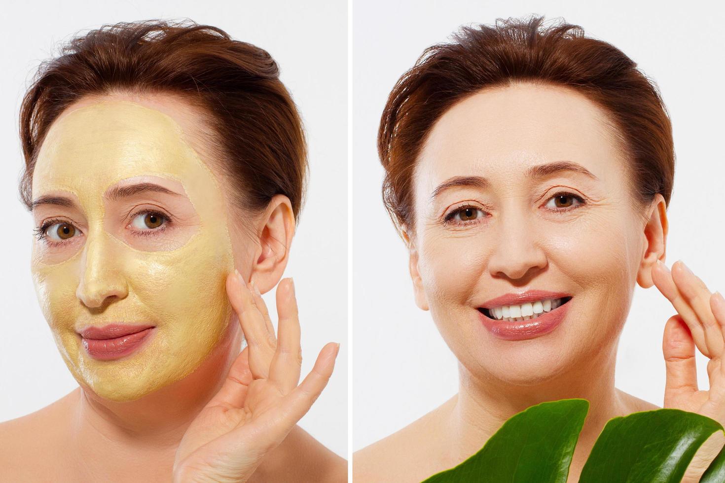 Nahaufnahme Frau mittleren Alters Gesicht vor nach Schönheitsmaskenbehandlung. Vorher-Nachher faltige Haut. sommer-anti-aging-kollagenmaske auf frau faltengesicht isoliert. Gesichtspflege im mittleren Alter. Wechseljahre foto