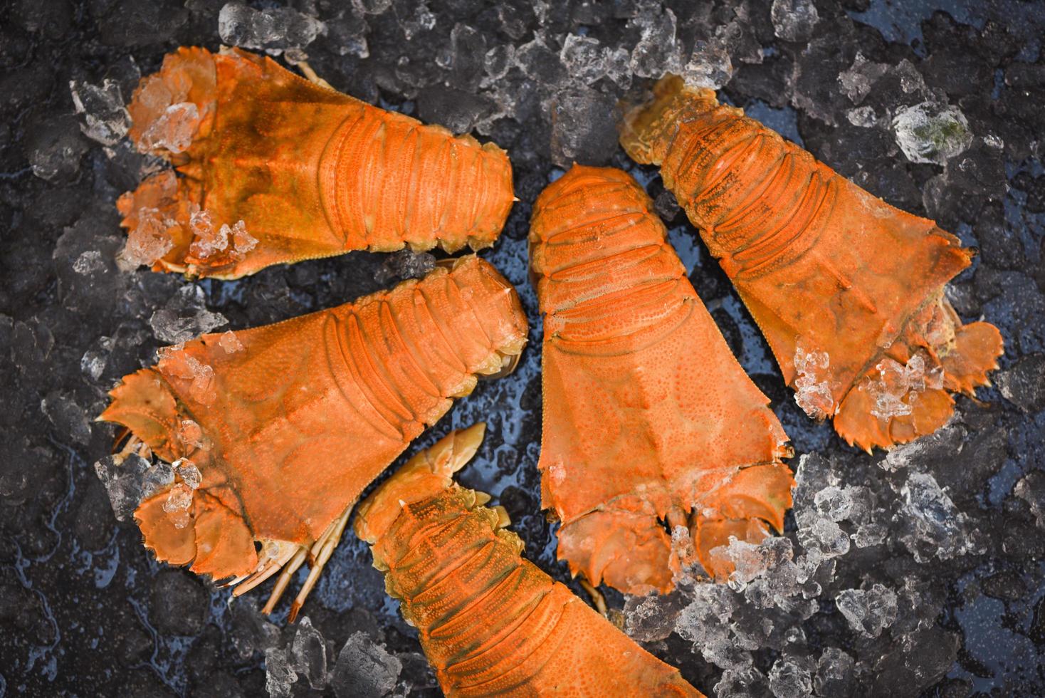 Flathead-Hummergarnelen auf Eis, frischer Pantoffelhummer-Flathead, gekocht zum Kochen in der Küche des Fischrestaurants oder auf dem Fischmarkt, Felsenhummer Moreton Bay Bug foto