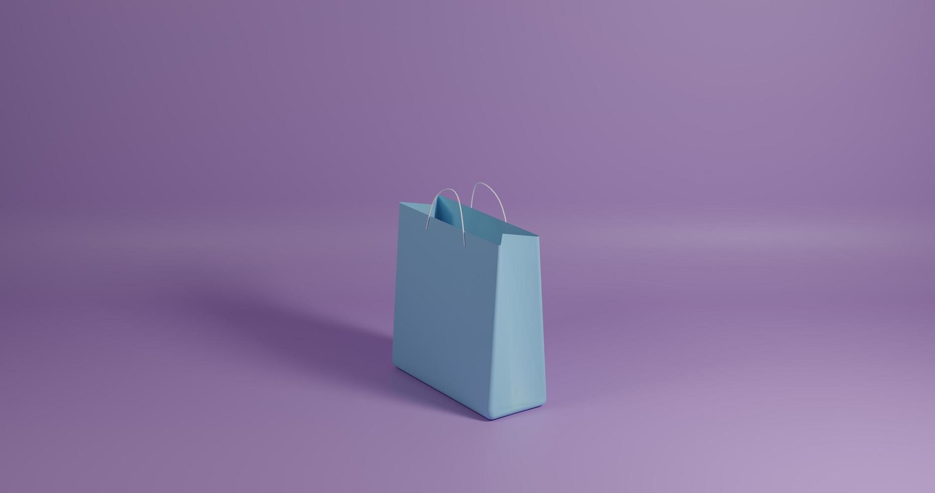 Einkaufstasche blau isoliert auf violettem Hintergrund. 3D-Rendering foto