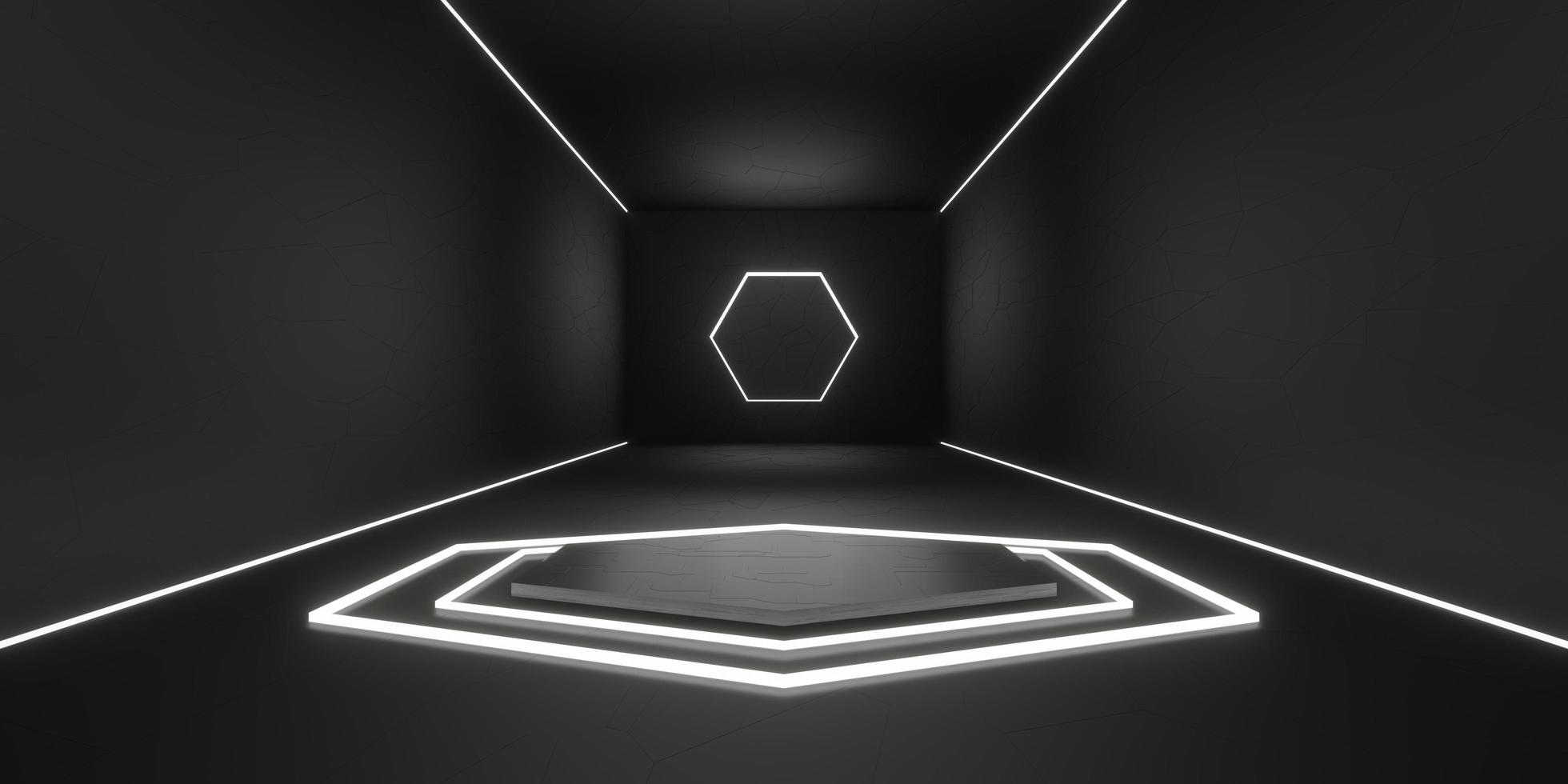 Technologie Boden und Wand Hintergrund der Produktbasis im Raum mit Hexagon-Laserlicht foto