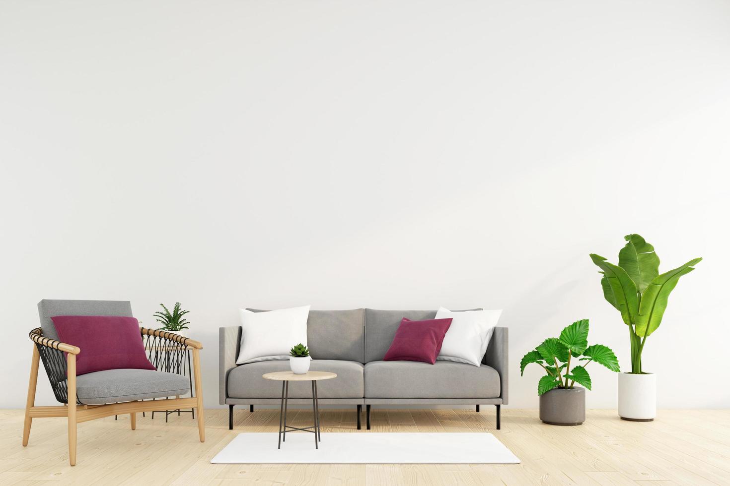 minimalistisches wohnzimmer mit sofa und sessel, weißer wand und grüner pflanze. 3D-Rendering foto