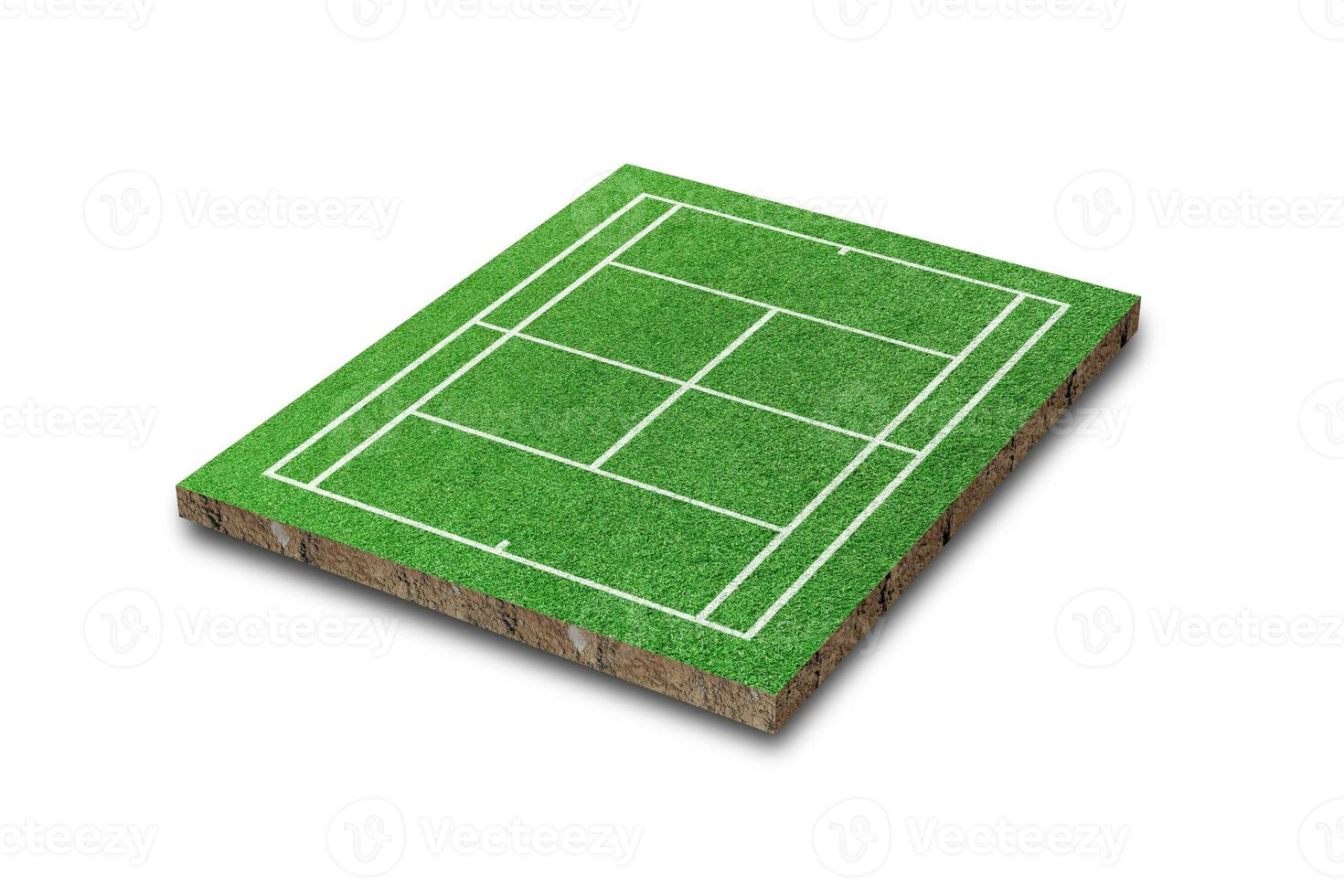 Tennisplatz isoliert auf weißem Hintergrund. grünes gras realistisch. 3D-Rendering foto