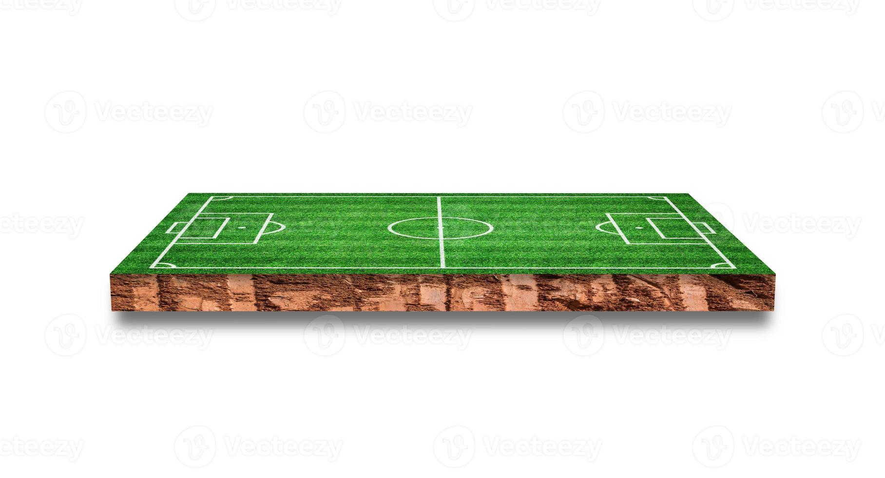 Bodenquerschnitt mit Gras Fußballfeld isoliert auf weißem Hintergrund. 3D-Rendering. foto