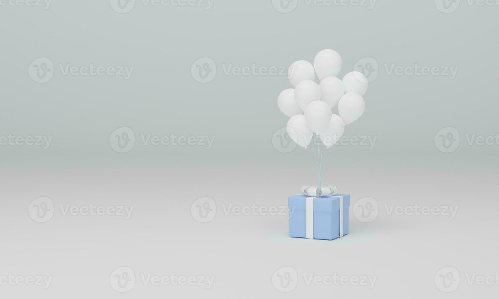Ballon mit blauer Geschenkbox isoliert auf weißem Hintergrund. 3D-Darstellung foto