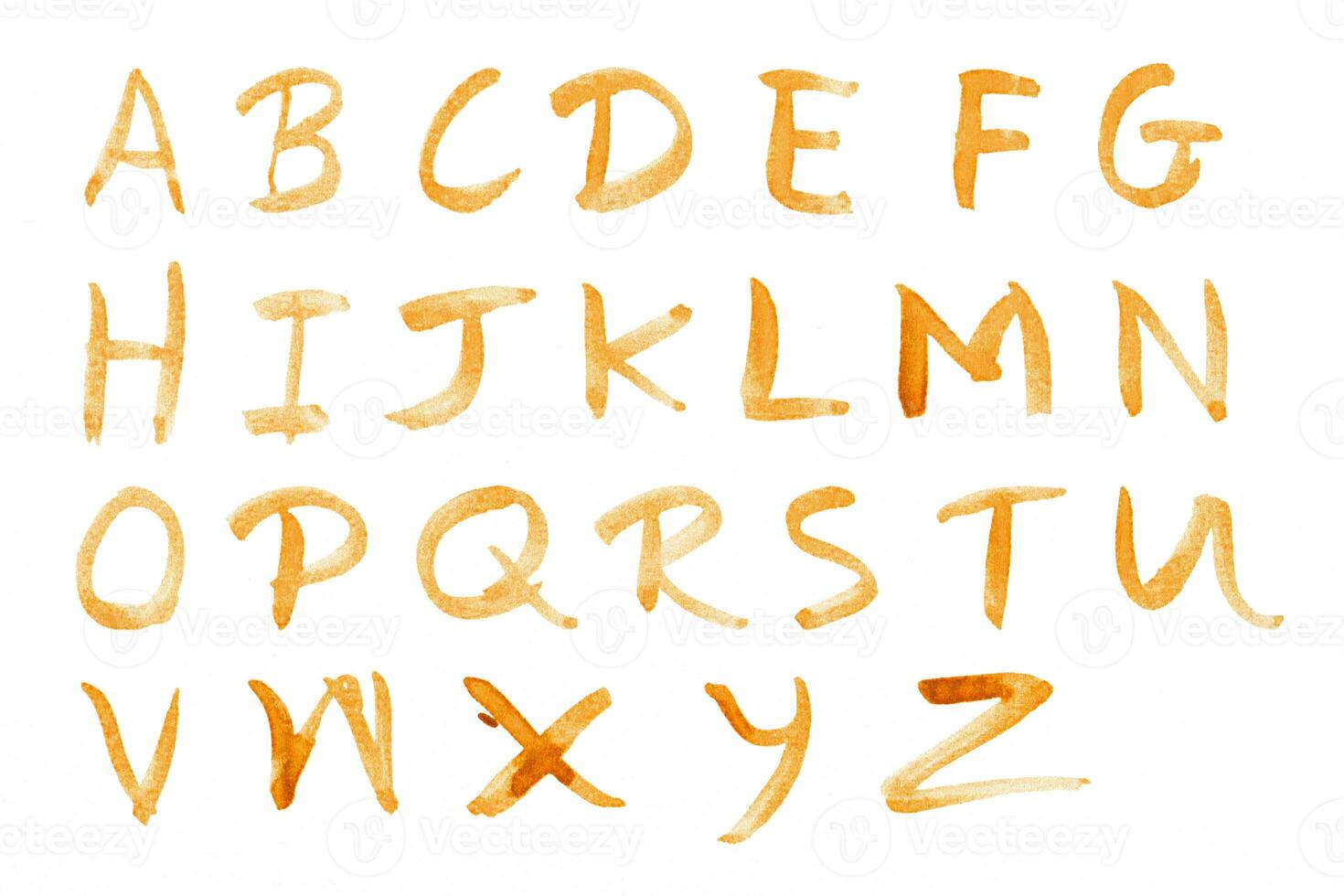 Alphabet-Set - Gründungsbuchstaben isoliert auf weißem Papierhintergrund. a - z nach Kaffeefleck schreiben. foto