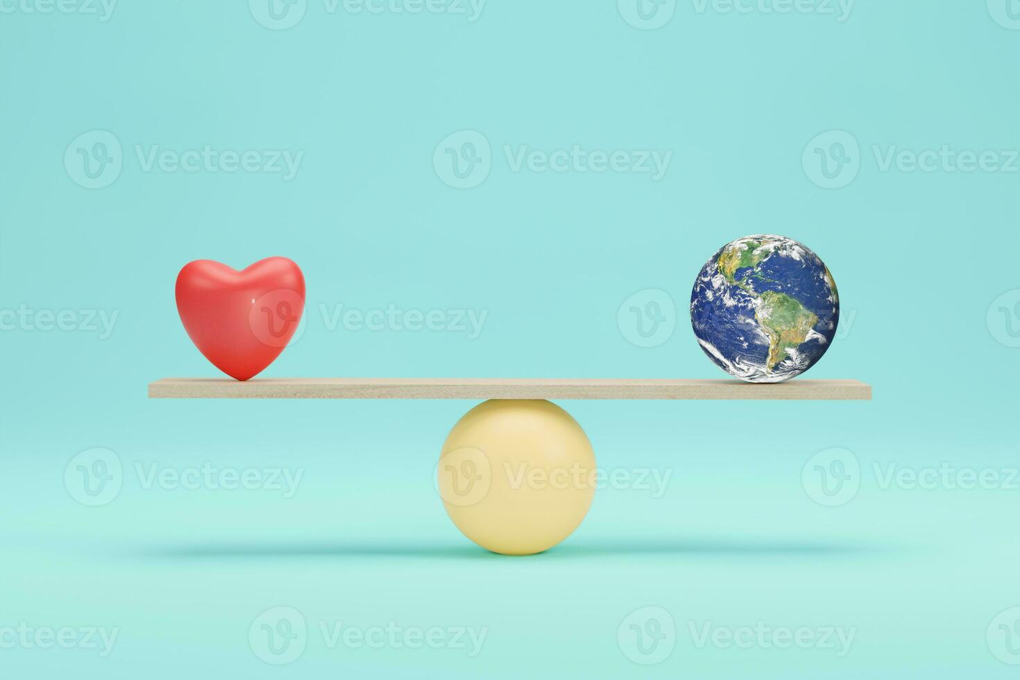 Erdkugel gegen Herz auf Skalen 3D-Darstellung. Gleichgewicht auf der Skala der Liebe der Welt. elemente dieses bildes, bereitgestellt von der nasa foto