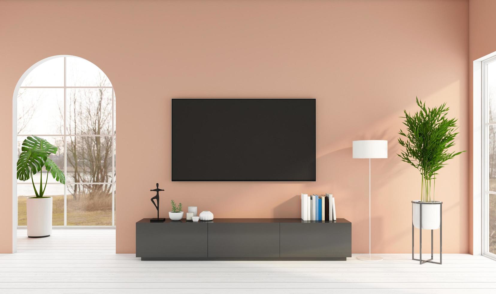 minimalistisches wohnzimmer mit fernsehschrank und helloranger wand, weißer holzboden. 3D-Rendering foto