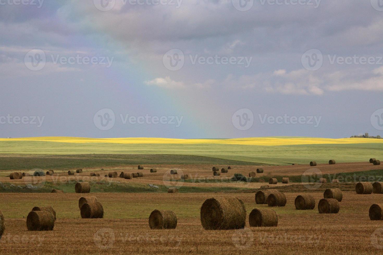 Regenbogen hinter Heuballen im malerischen Saskatchewan foto