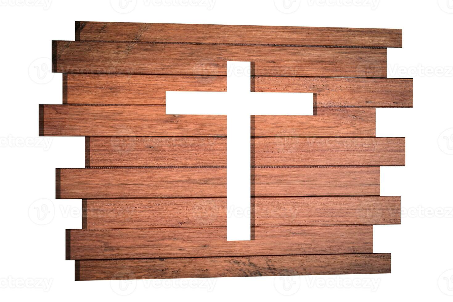 Holzbrett mit Kreuzform des christlichen Religionssymbols nach innen, lokalisiert auf weißem Hintergrund. foto
