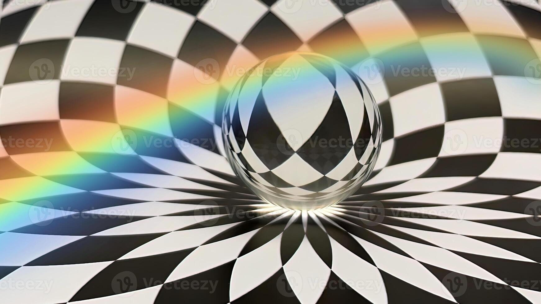 Reflexion des geometrischen und abstrakten Musters in der Glaskugel mit Regenbogenfarbeneffekt. foto