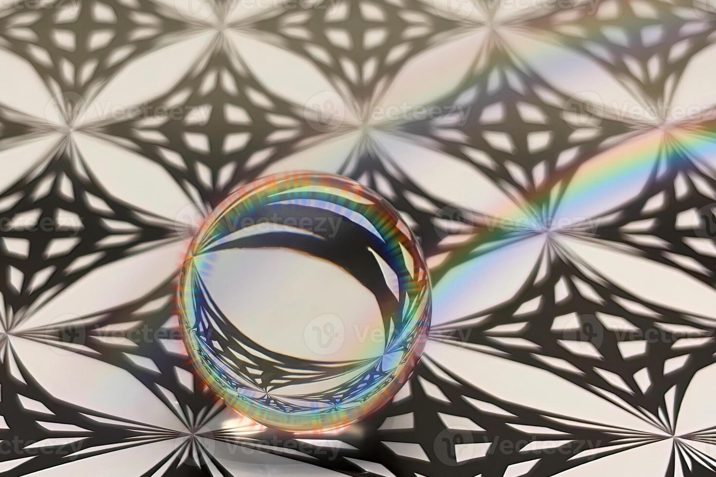 Reflexion des geometrischen und abstrakten Musters in der Glaskugel mit Regenbogenfarbeneffekt. foto