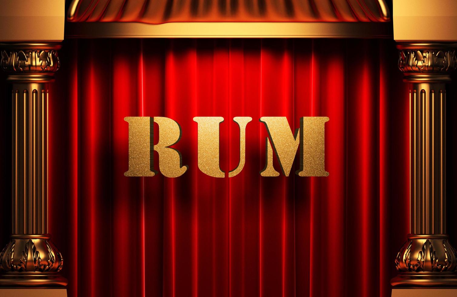 Rum goldenes Wort auf rotem Vorhang foto